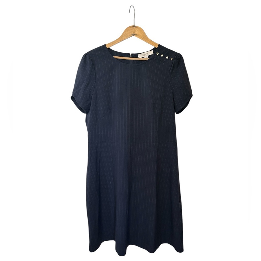 Ann Taylor LOFT | Women’s navy/white pinstripe dress, flutter cap sleeves, sz 14 - Picture 3 of 14